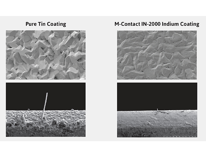 Side by side comparison between Pure Tin Coating (on the left) and M-Contact IN-2000 Indium Coating (on the right)